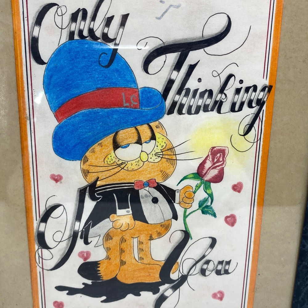 Framed Garfield Drawing "Only Thinking Of You" Tuxedo Rose Blue Hat Romantic